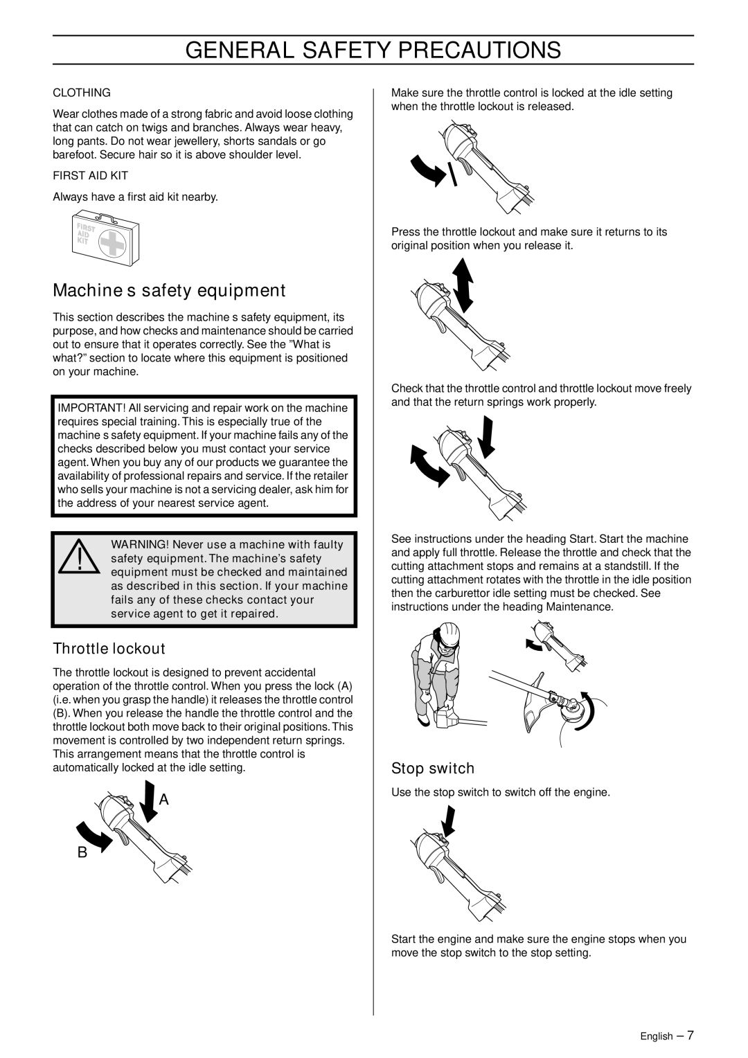 Husqvarna 335RJx manual Machine′s safety equipment, Throttle lockout, Stop switch 