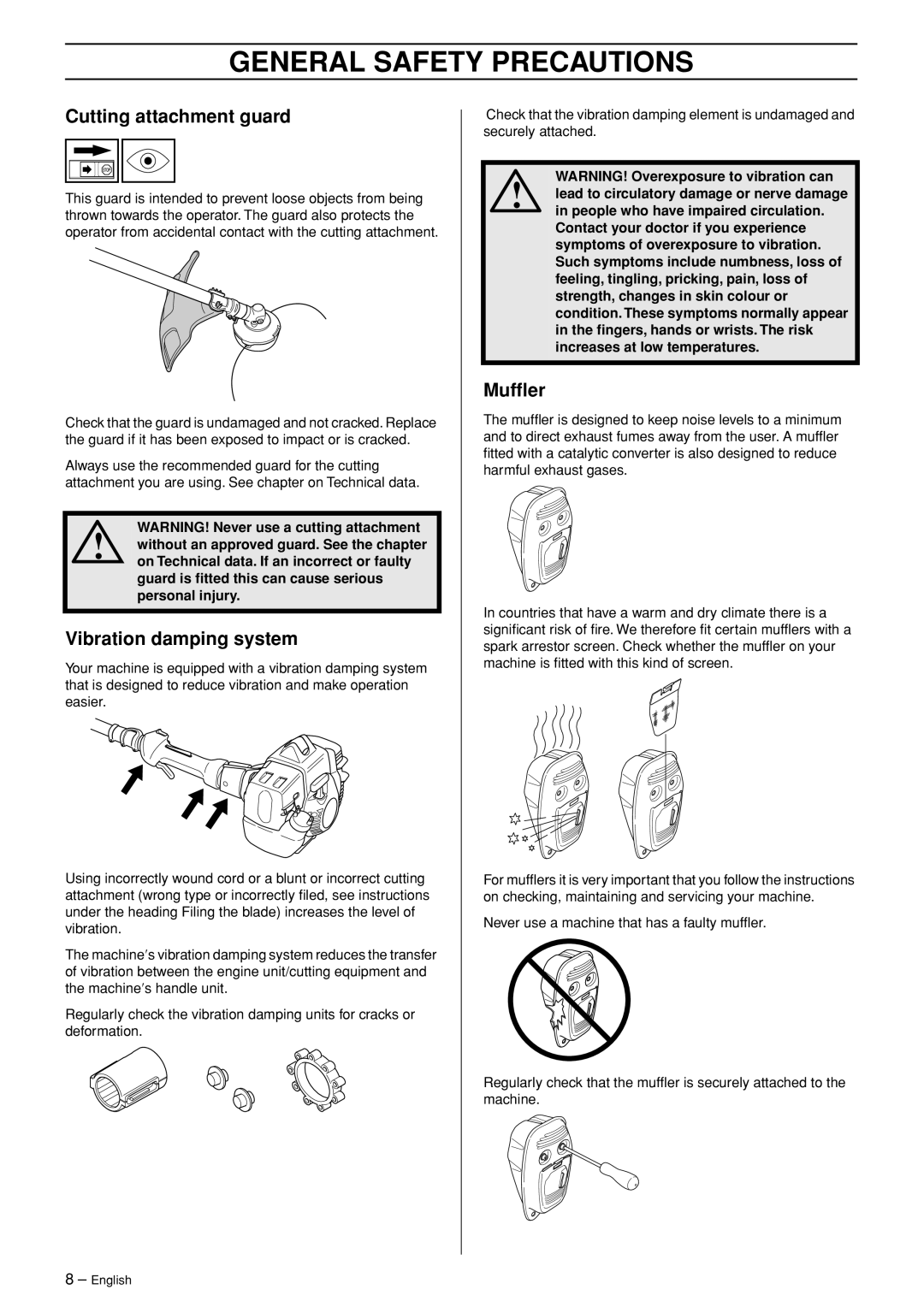 Husqvarna 335RJx manual Cutting attachment guard, Vibration damping system, Mufﬂer 