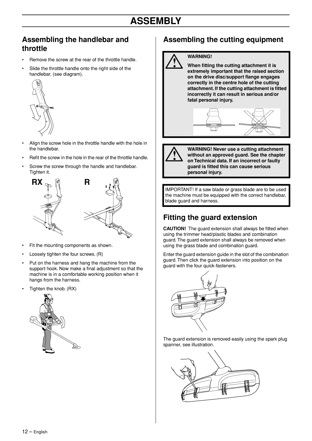 Husqvarna 335RX-Series manual Assembly, Assembling the handlebar and throttle, Assembling the cutting equipment 