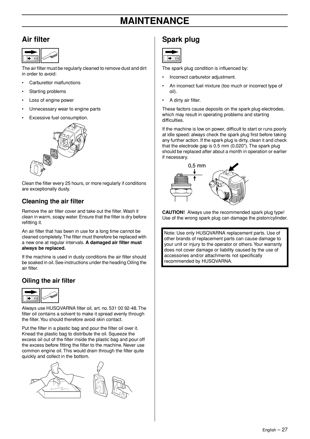 Husqvarna 335RX-Series manual Air ﬁlter, Spark plug, Cleaning the air ﬁlter, Oiling the air ﬁlter 