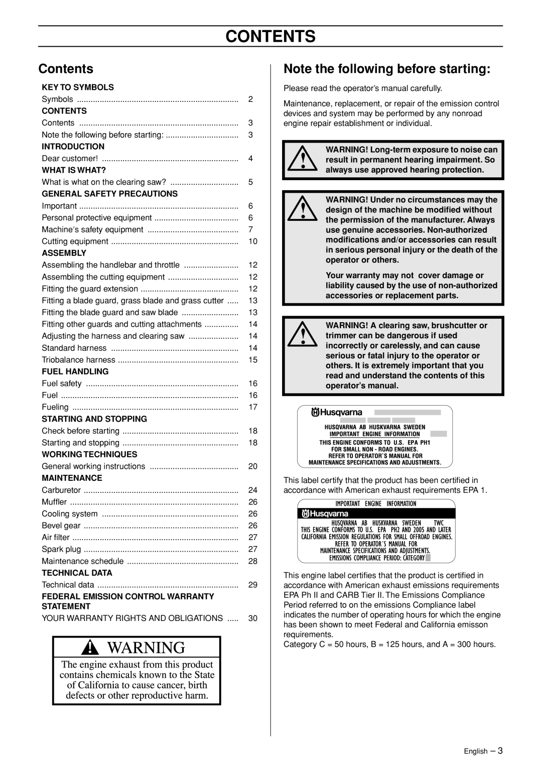 Husqvarna 335RX-Series manual Contents 