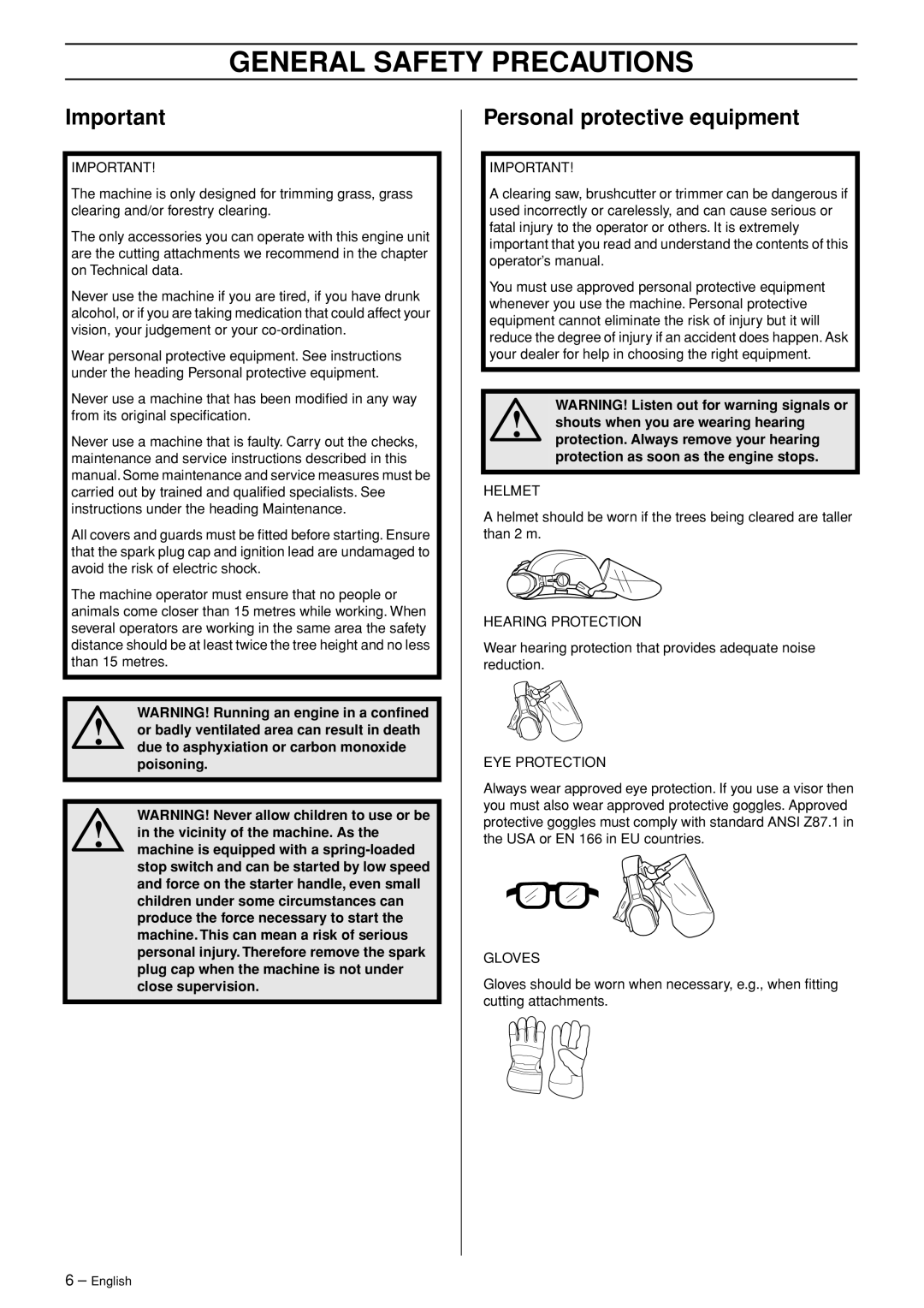 Husqvarna 335RX-Series manual General Safety Precautions, Personal protective equipment 