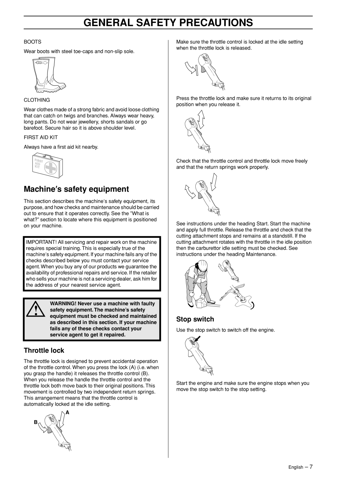 Husqvarna 335RX-Series manual Machine′s safety equipment, Throttle lock, Stop switch 