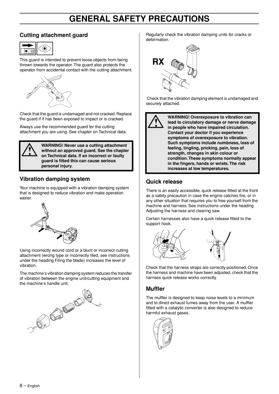 Husqvarna 335RX-Series manual Cutting attachment guard, Vibration damping system, Quick release, Mufﬂer 