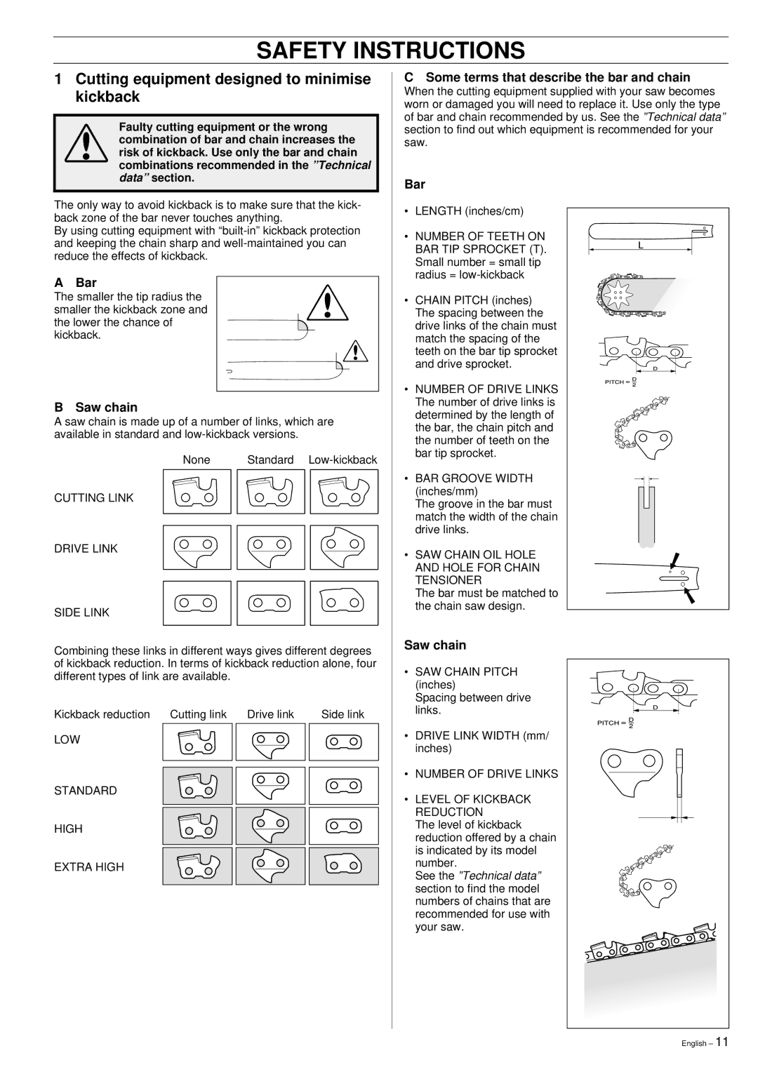 Husqvarna 335XPT manual Cutting equipment designed to minimise kickback, Bar, Saw chain 