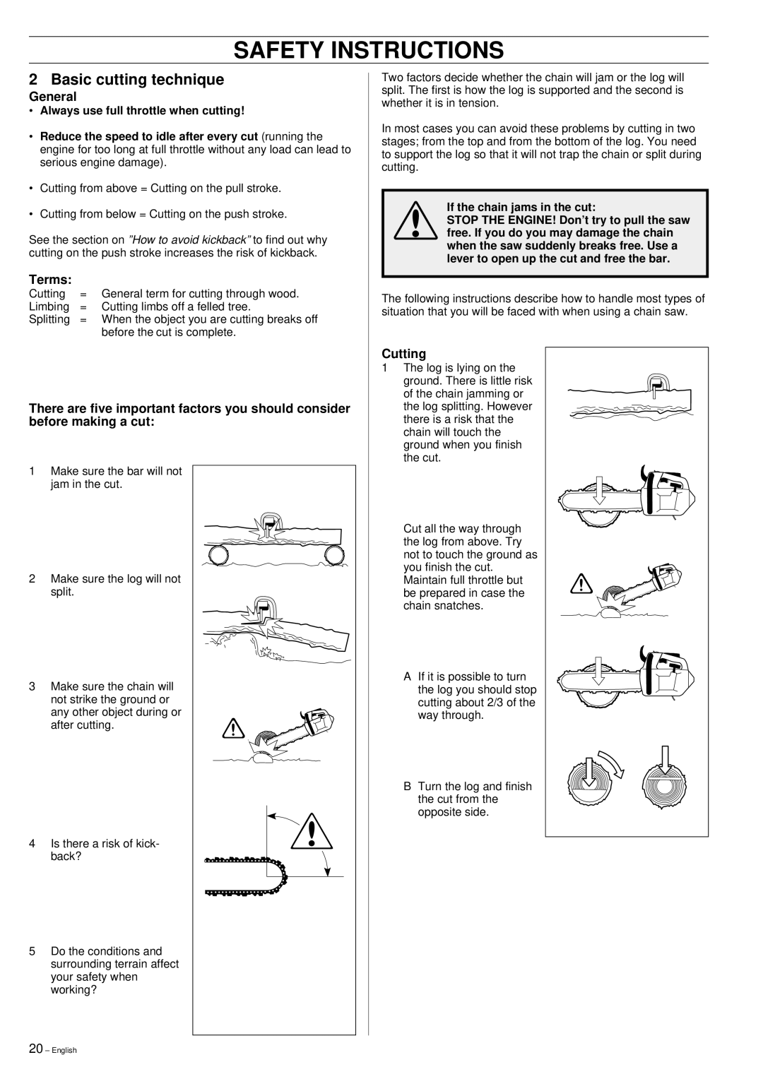 Husqvarna 335XPT manual Basic cutting technique, General, Terms, Cutting 