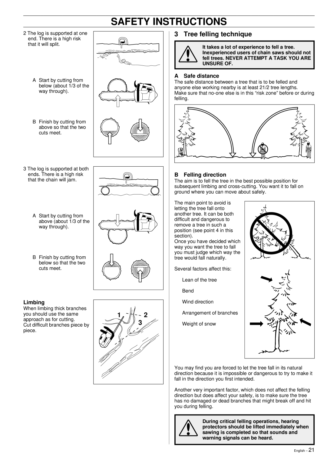 Husqvarna 335XPT manual Tree felling technique, Safe distance, Limbing, Felling direction 