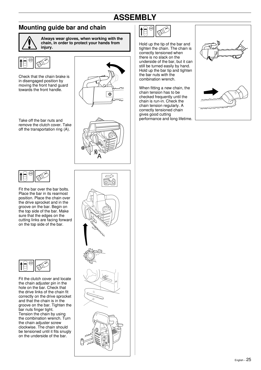 Husqvarna 335XPT manual Assembly, Mounting guide bar and chain 