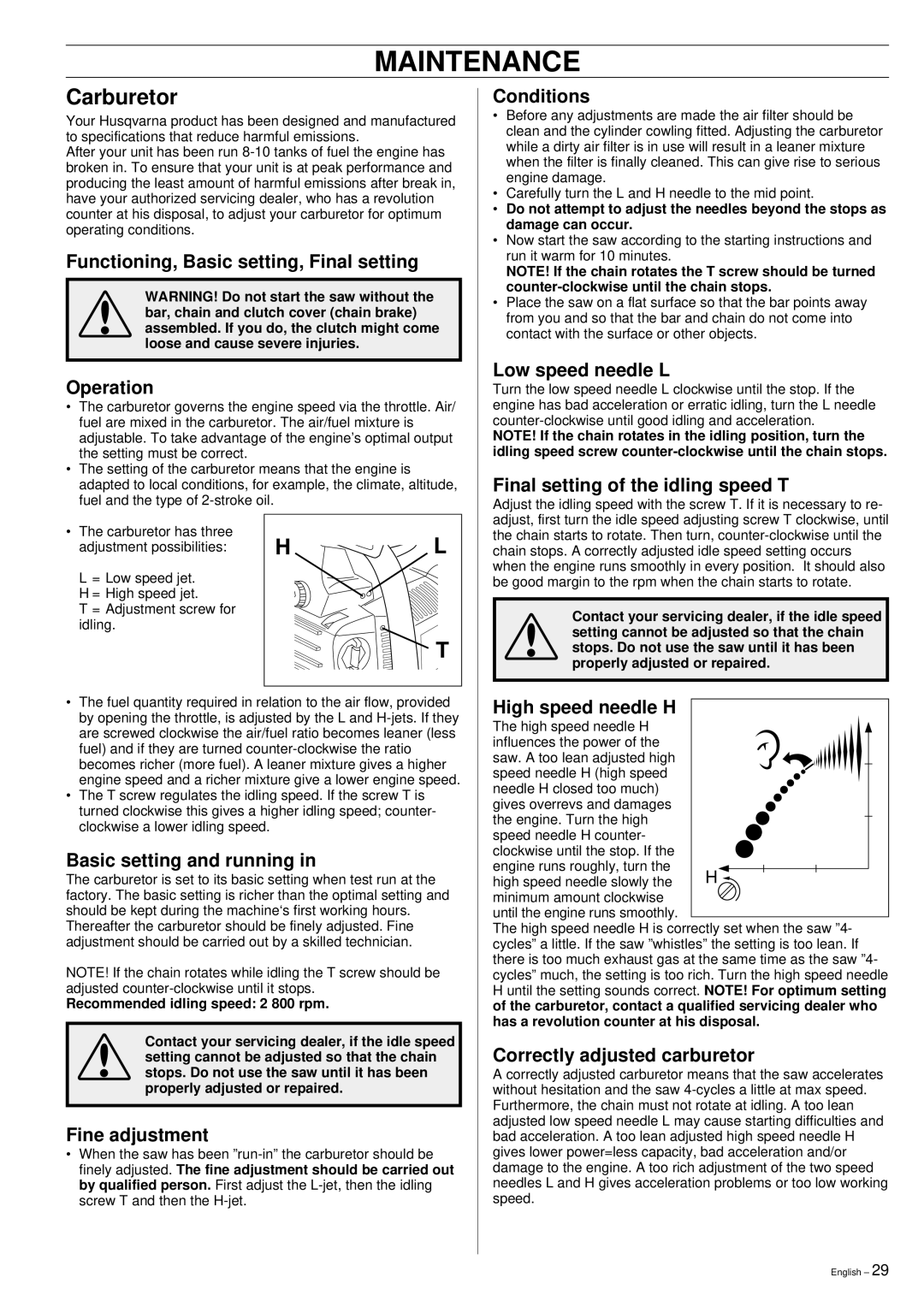 Husqvarna 335XPT manual Maintenance, Carburetor 