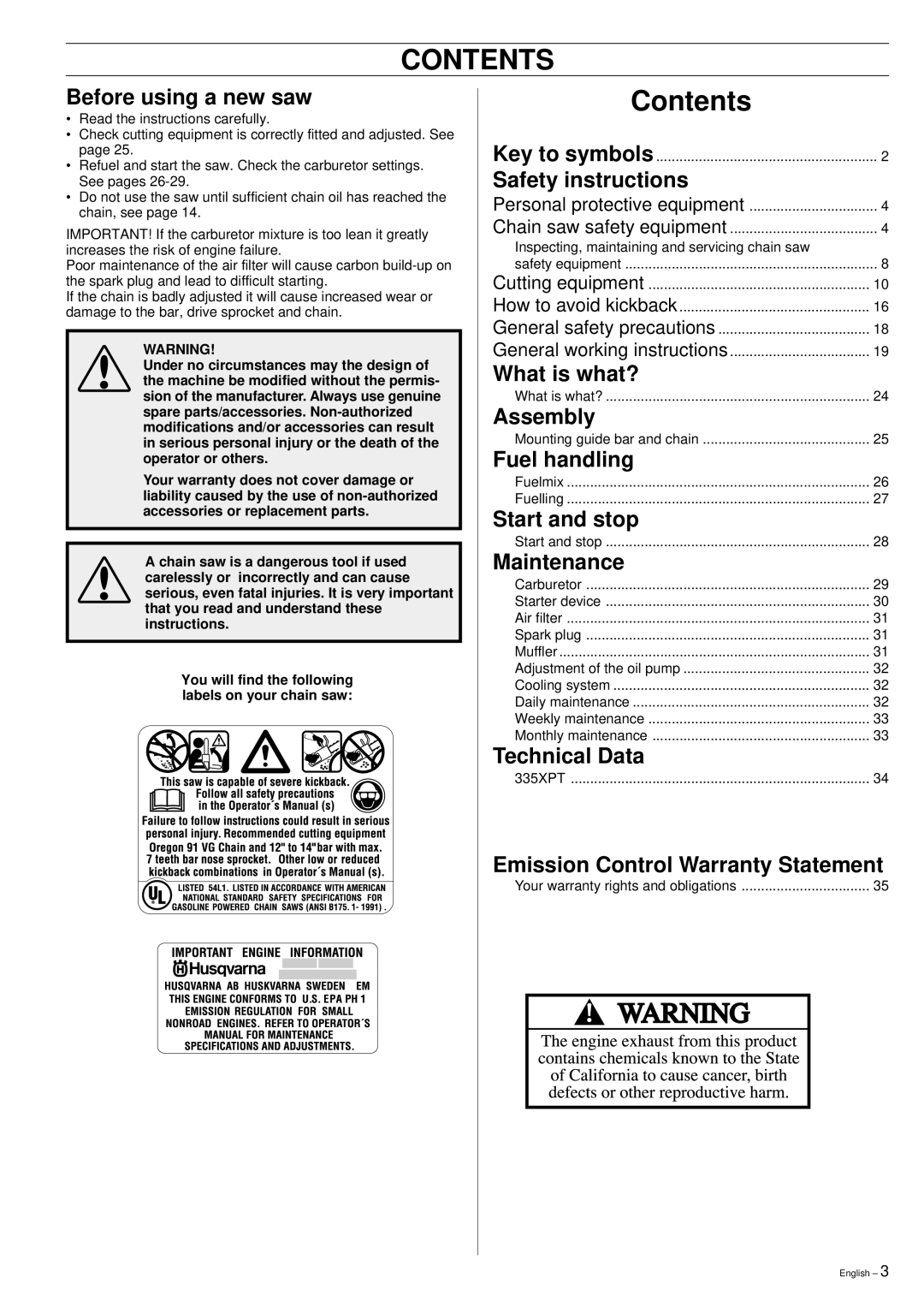 Husqvarna 335XPT manual Contents 