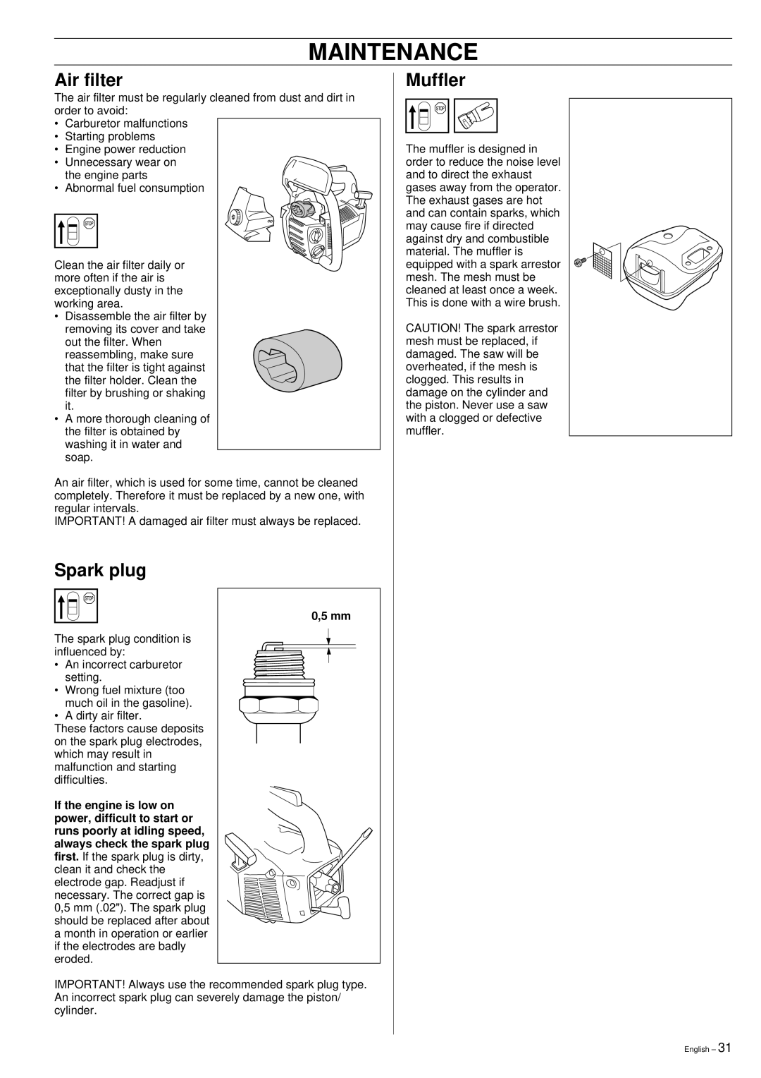 Husqvarna 335XPT manual Air filter, Muffler, Spark plug 