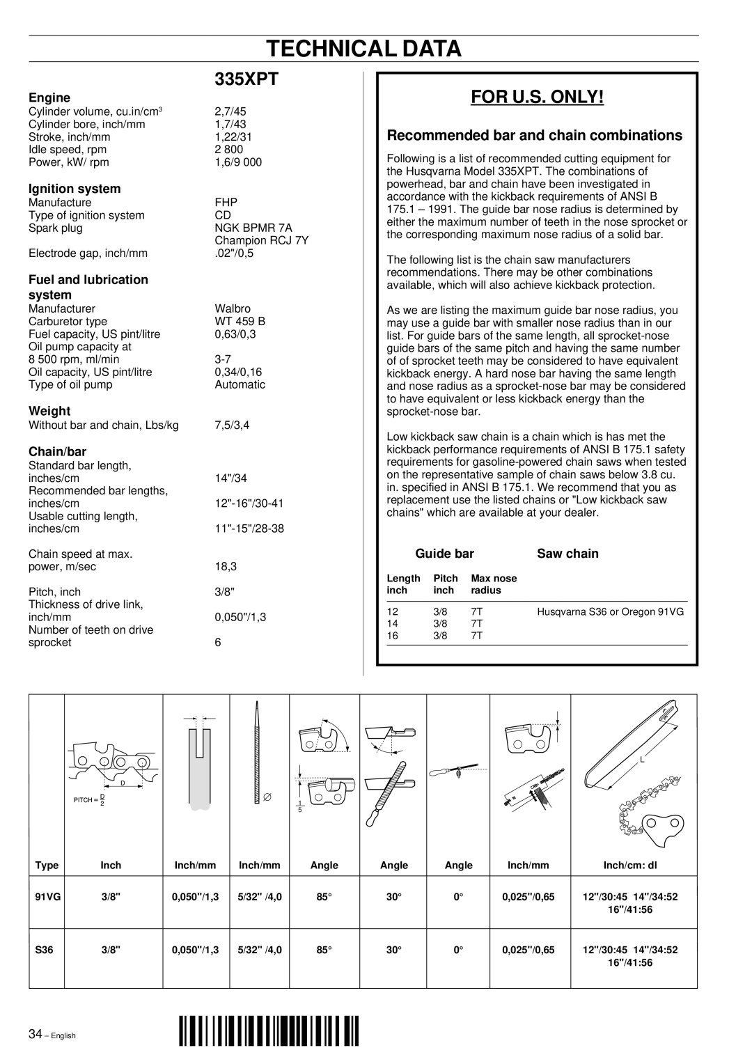 Husqvarna 335XPT manual Technical Data, For U.S. only 