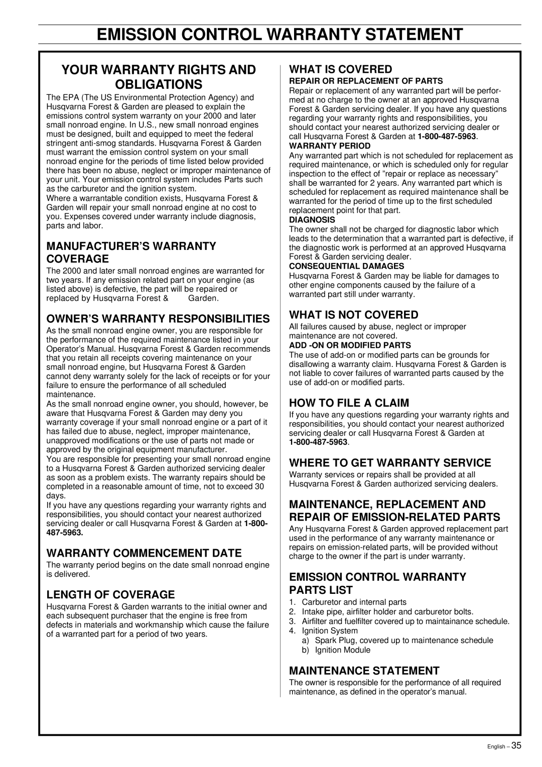 Husqvarna 335XPT manual Emission Control Warranty Statement, Your Warranty Rights, Obligations 