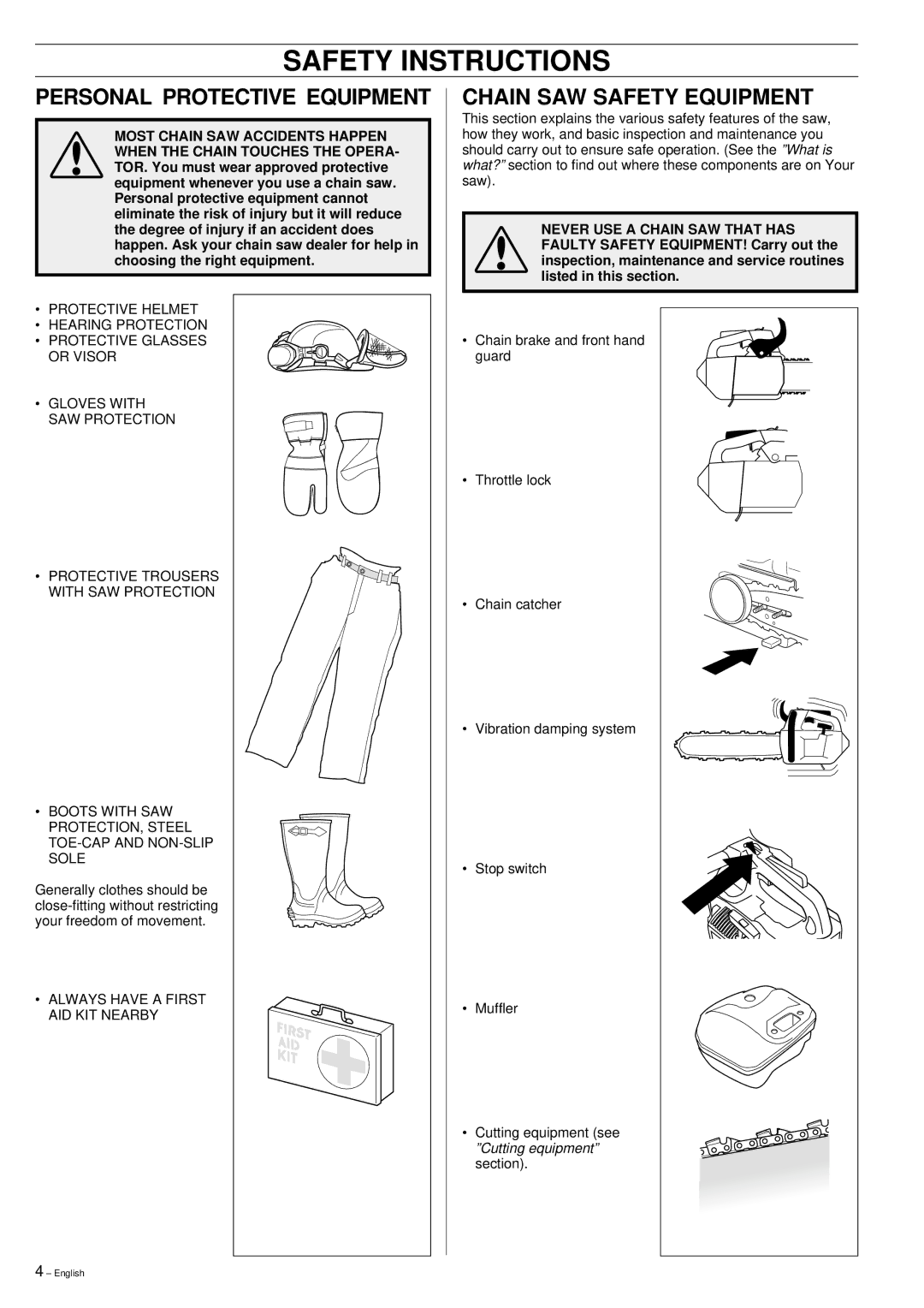 Husqvarna 335XPT manual Safety Instructions, Personal Protective Equipment, Chain SAW Safety Equipment 