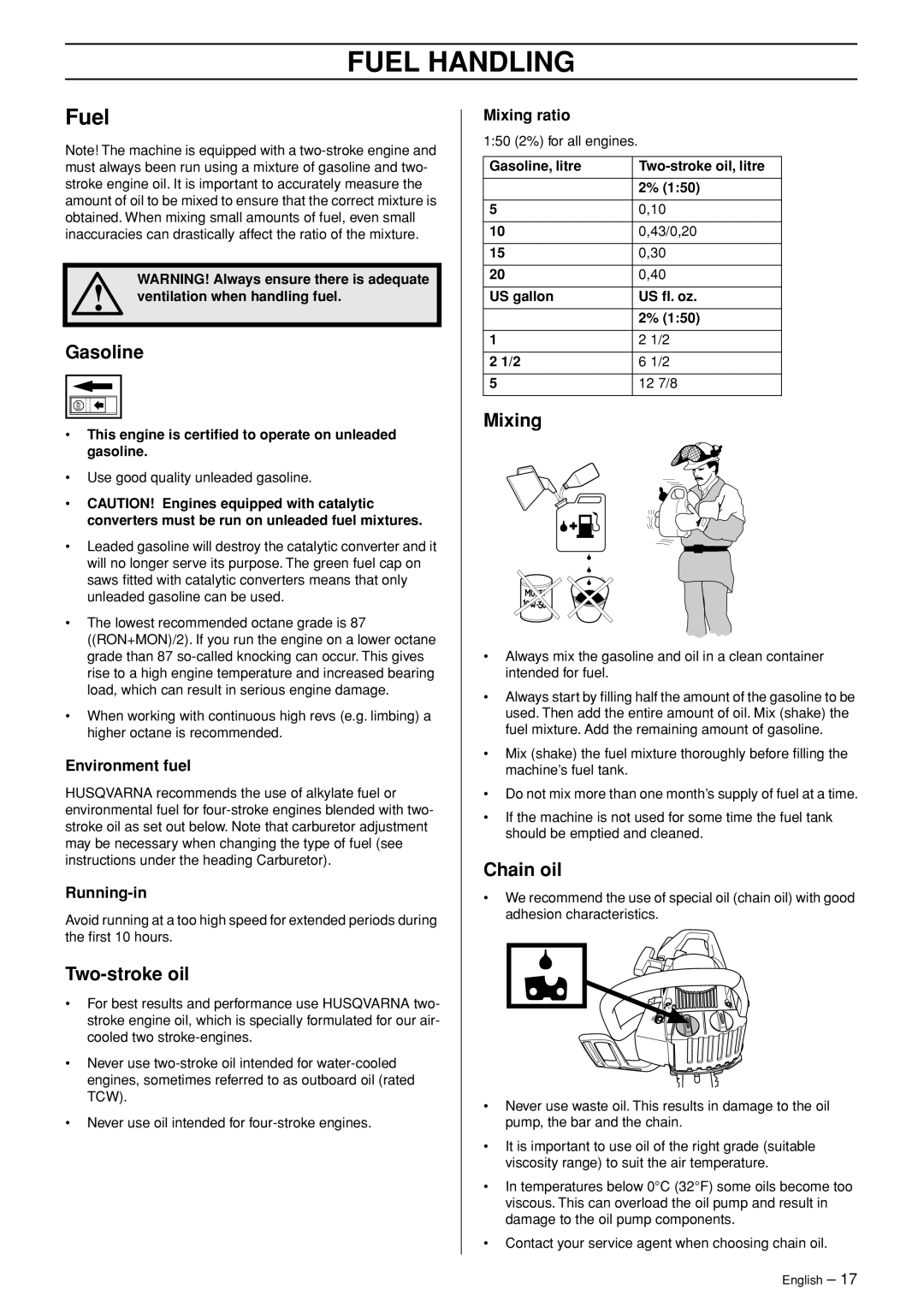 Husqvarna 336 EPA I manual Fuel Handling 