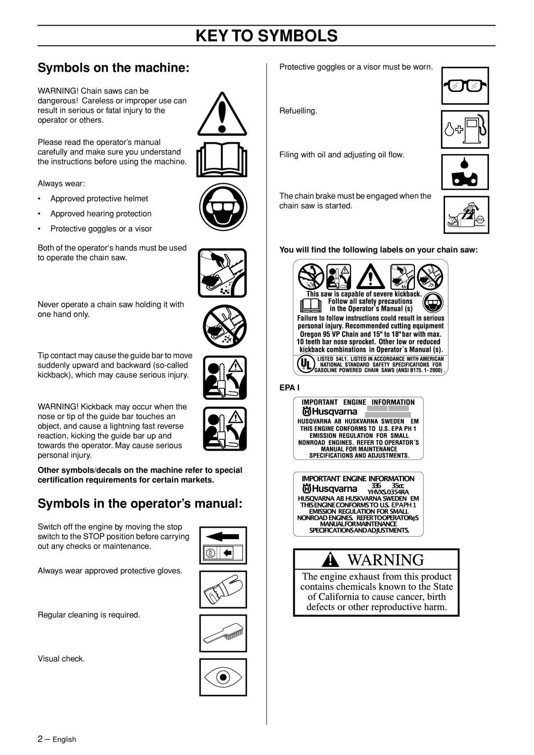 Husqvarna 336 EPA I KEY to Symbols, Symbols on the machine, Symbols in the operator’s manual 