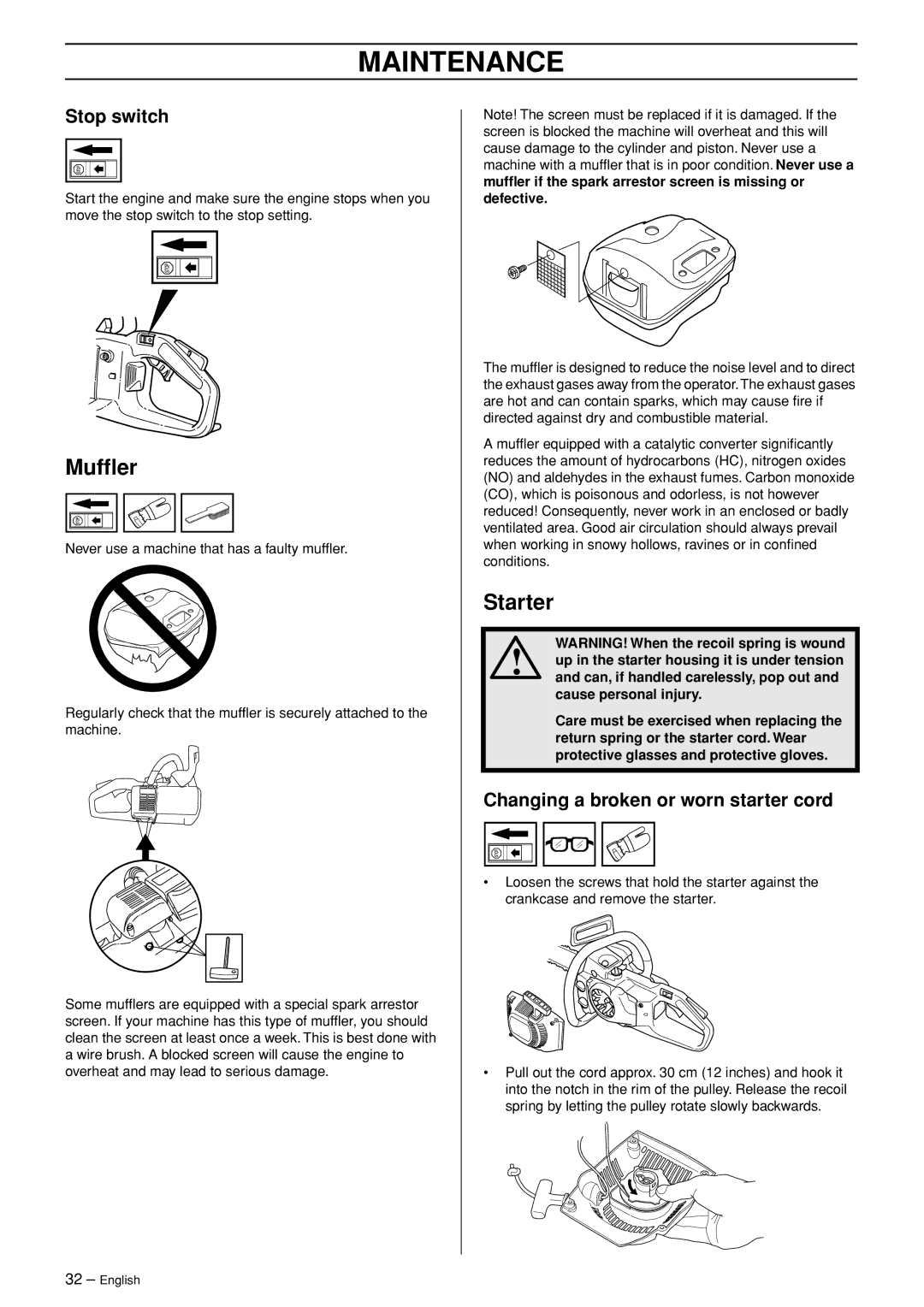 Husqvarna 336 EPA I manual Mufﬂer, Starter, Changing a broken or worn starter cord 