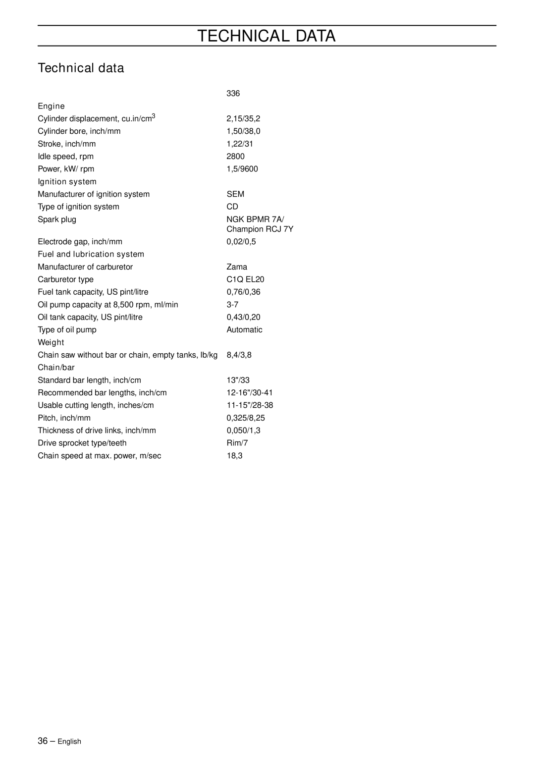 Husqvarna 336 EPA I manual Technical Data, Technical data 