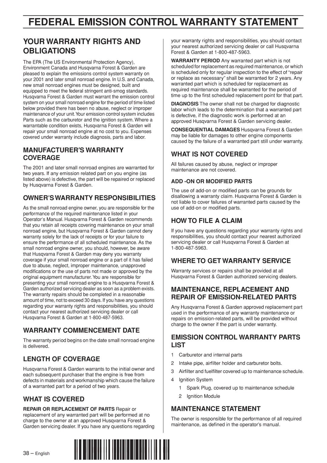 Husqvarna 336 EPA I manual Federal Emission Control Warranty Statement, Your Warranty Rights and Obligations 