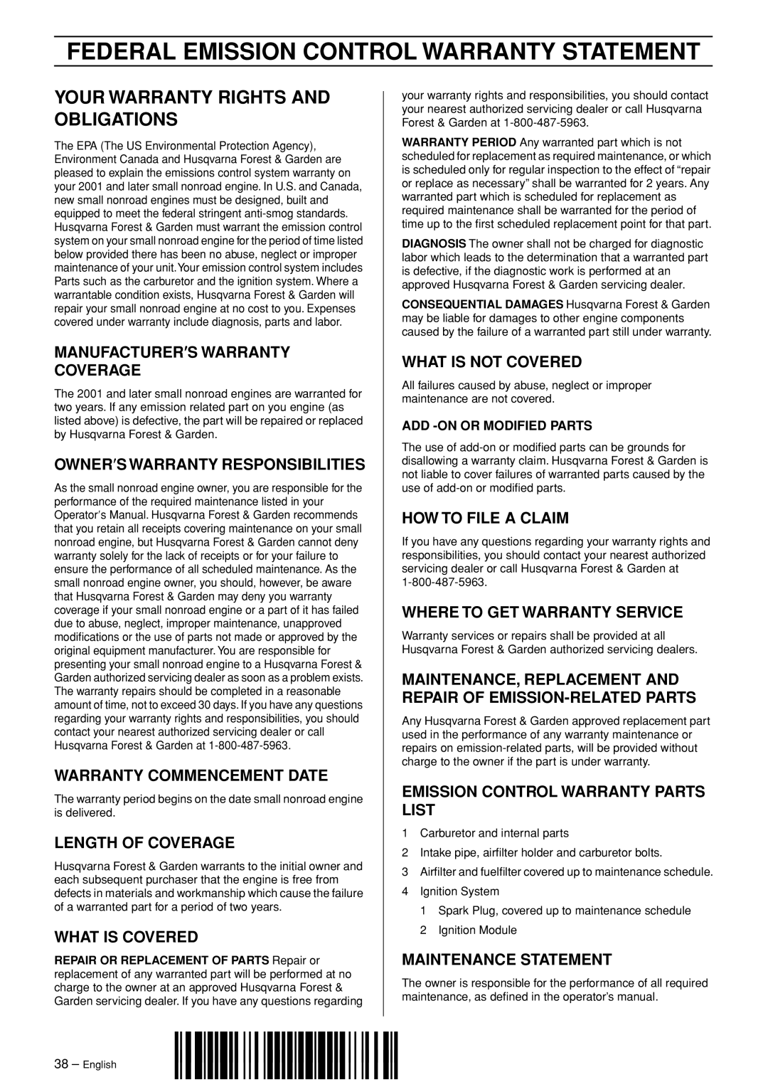 Husqvarna 336 EPA I Federal Emission Control Warranty Statement, Your Warranty Rights And Obligations, Length Of Coverage 