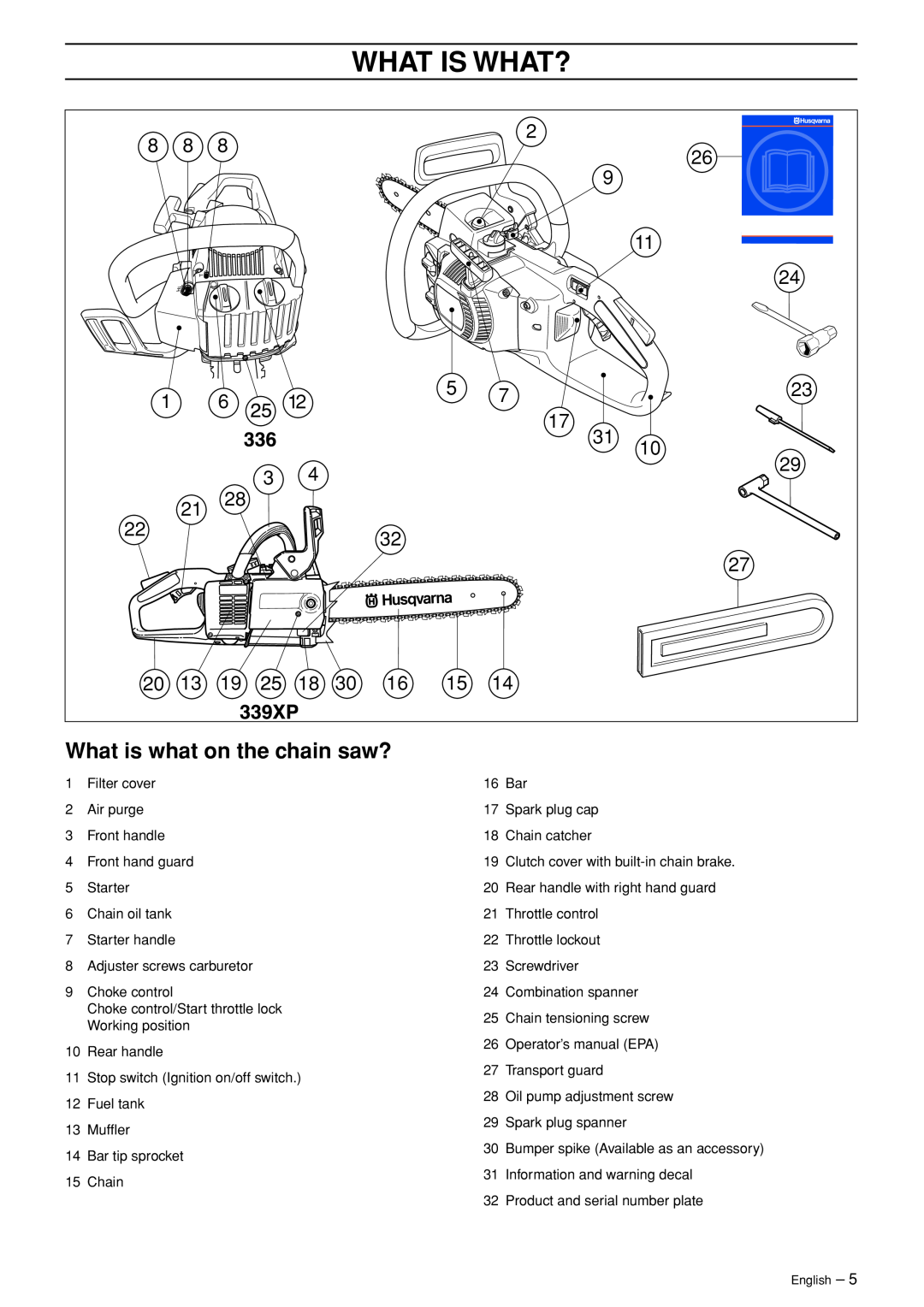 Husqvarna 336 EPA I manual What Is What?, What is what on the chain saw? 