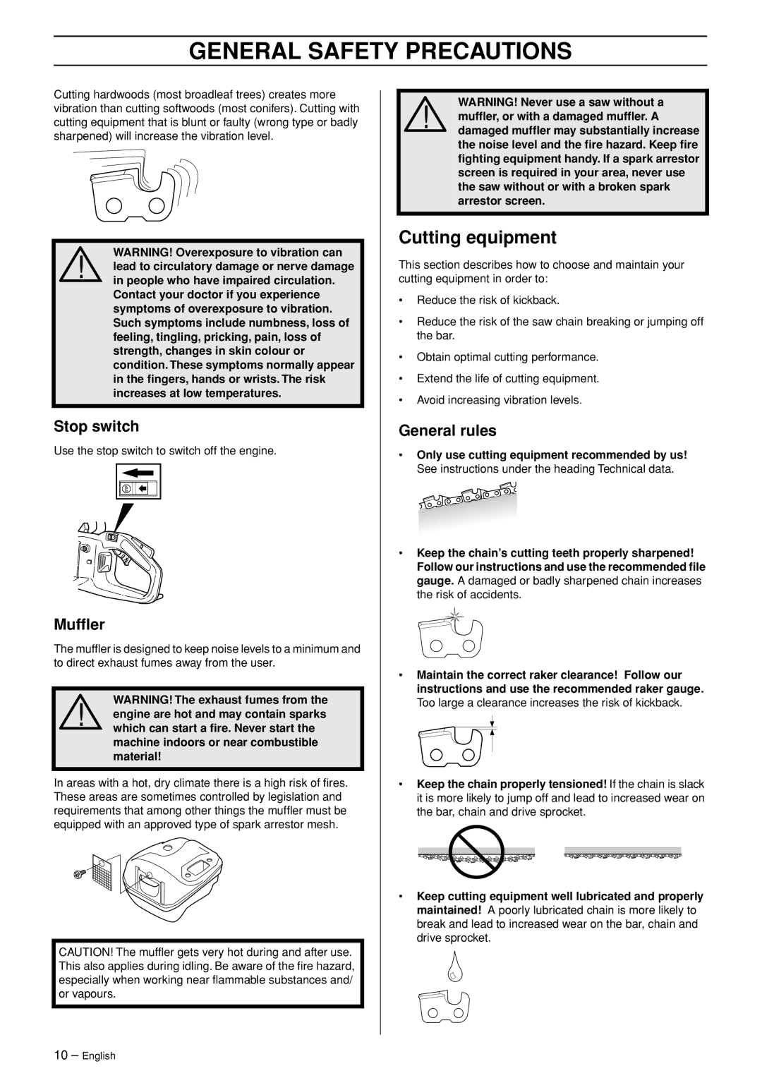 Husqvarna 336 manual Cutting equipment, Stop switch, Mufﬂer, General rules 