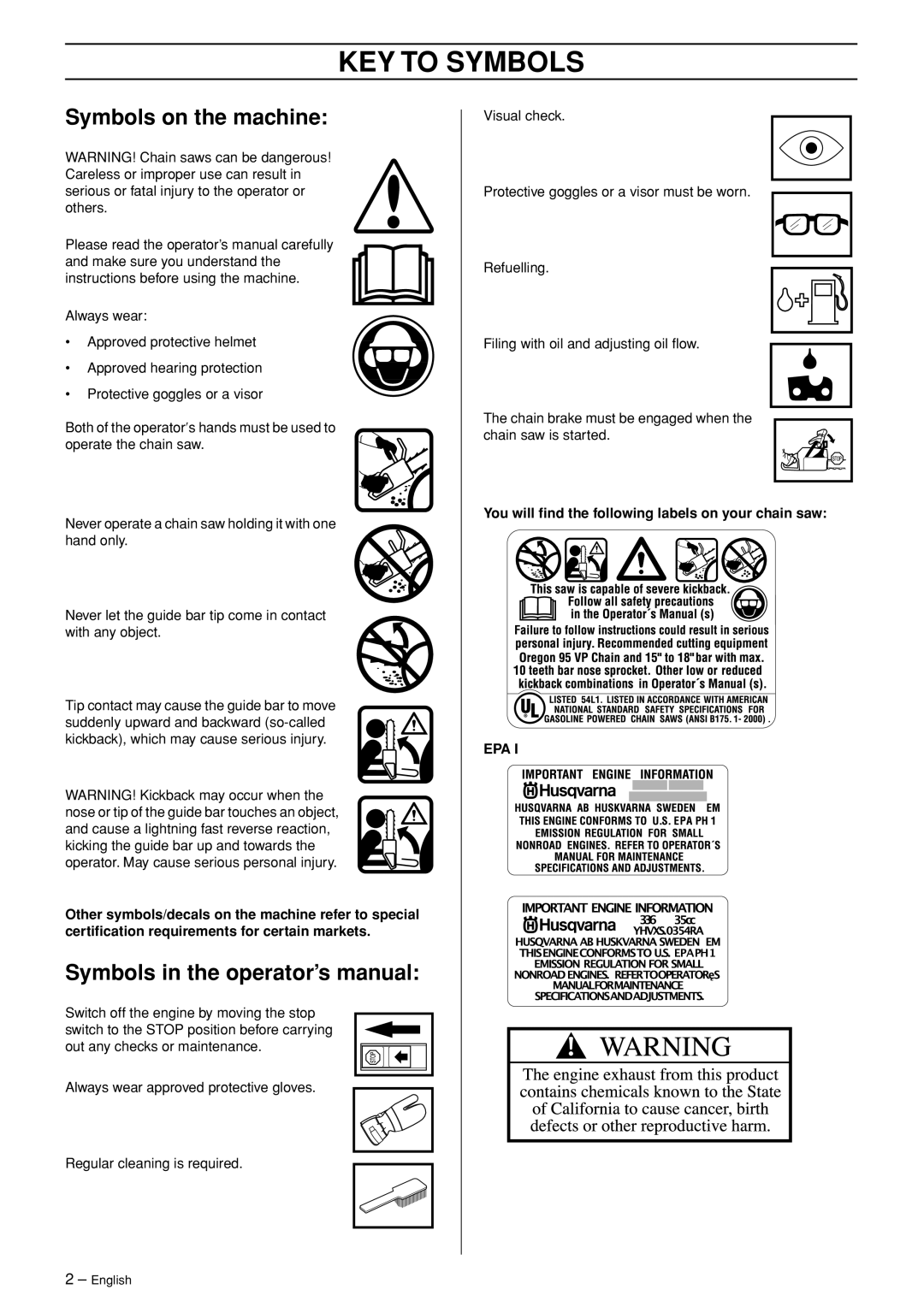 Husqvarna 336 KEY to Symbols, Symbols on the machine, Symbols in the operator’s manual 