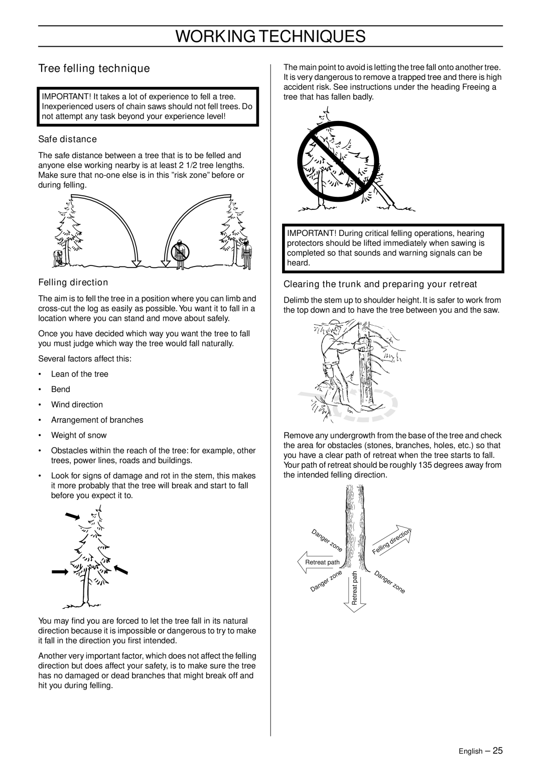 Husqvarna 336 Tree felling technique, Safe distance, Felling direction, Clearing the trunk and preparing your retreat 