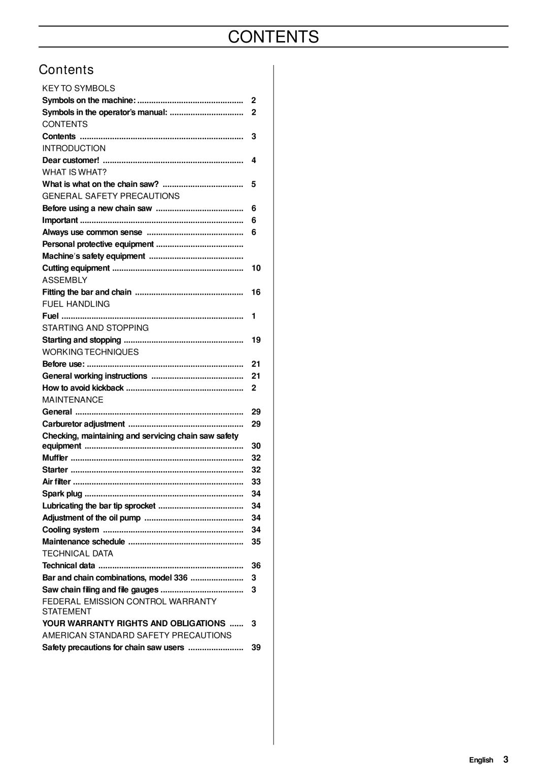 Husqvarna 336 manual Contents 