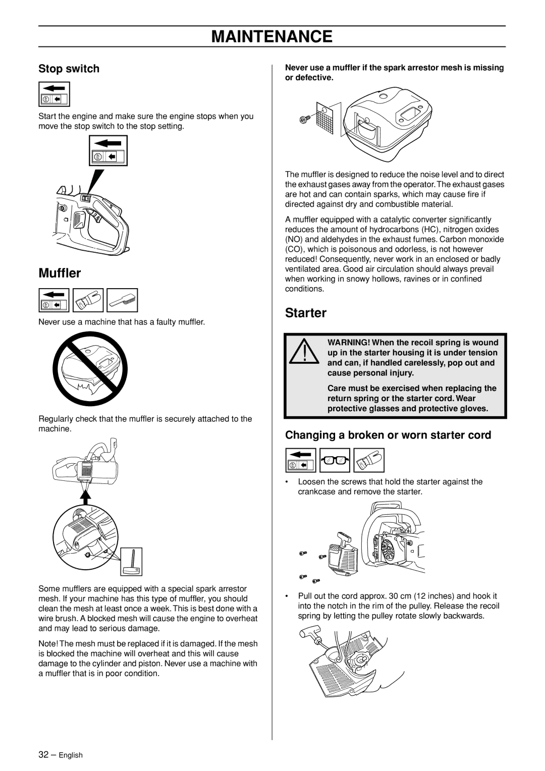 Husqvarna 336 manual Mufﬂer, Starter, Changing a broken or worn starter cord 