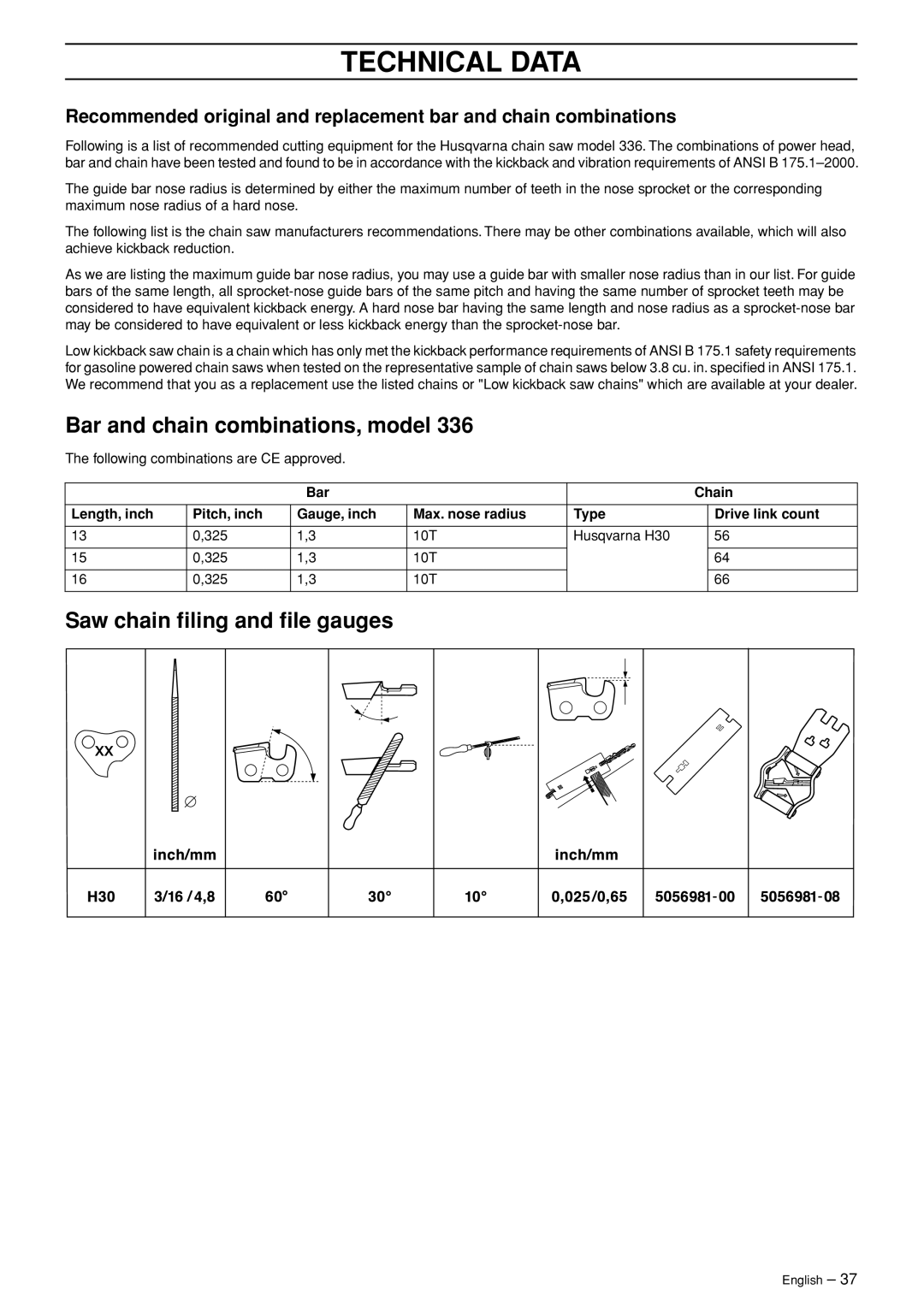 Husqvarna 336 manual Bar and chain combinations, model, Saw chain ﬁling and ﬁle gauges 