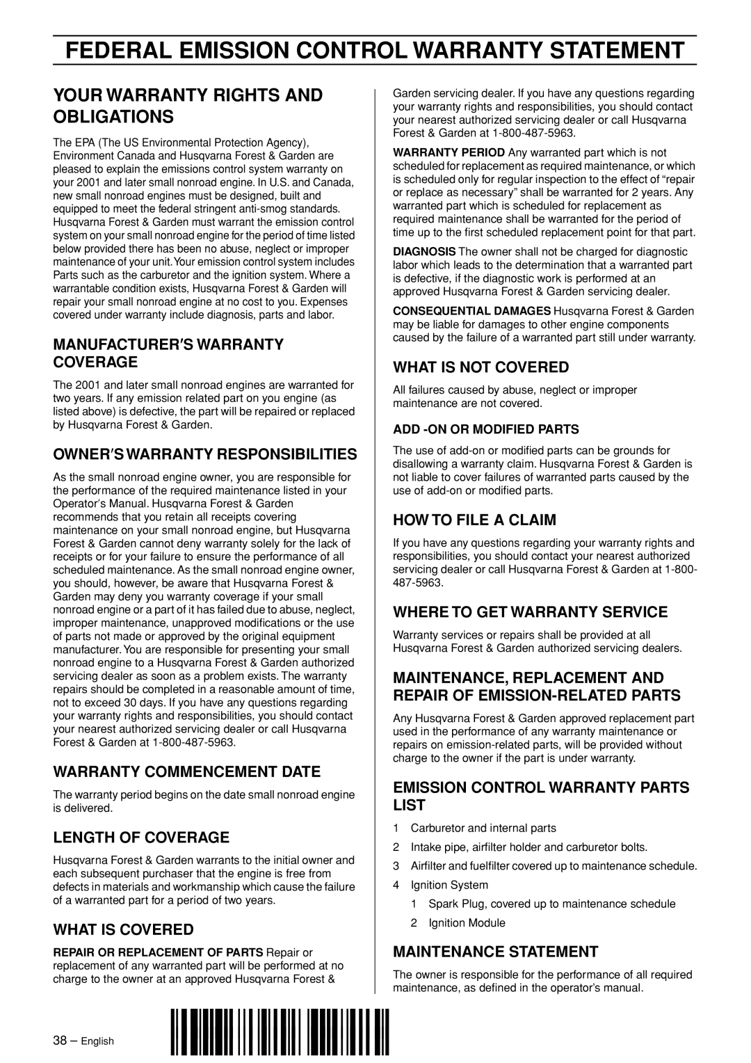 Husqvarna 336 manual Federal Emission Control Warranty Statement, Your Warranty Rights and Obligations 