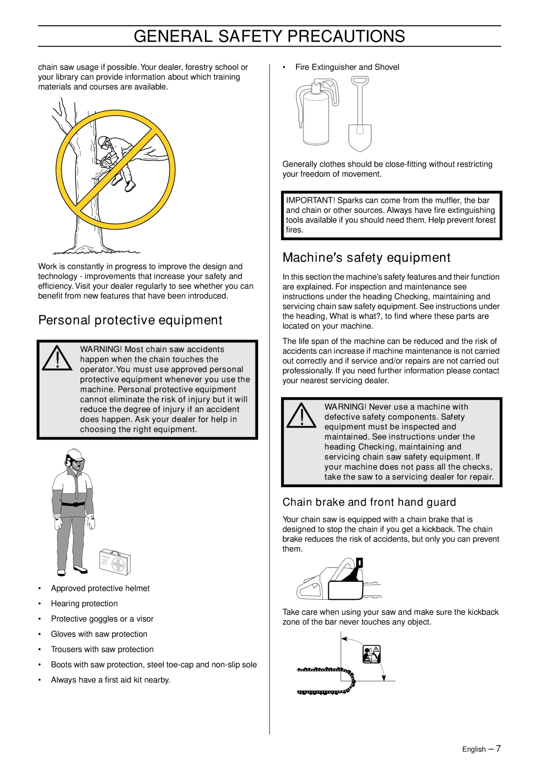 Husqvarna 336 manual Personal protective equipment, Machine′s safety equipment, Chain brake and front hand guard 