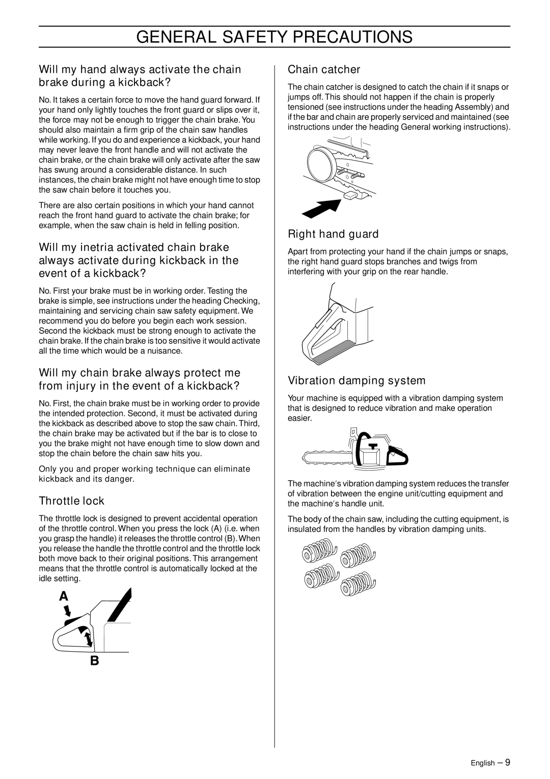 Husqvarna 336 manual Throttle lock, Chain catcher, Right hand guard, Vibration damping system 
