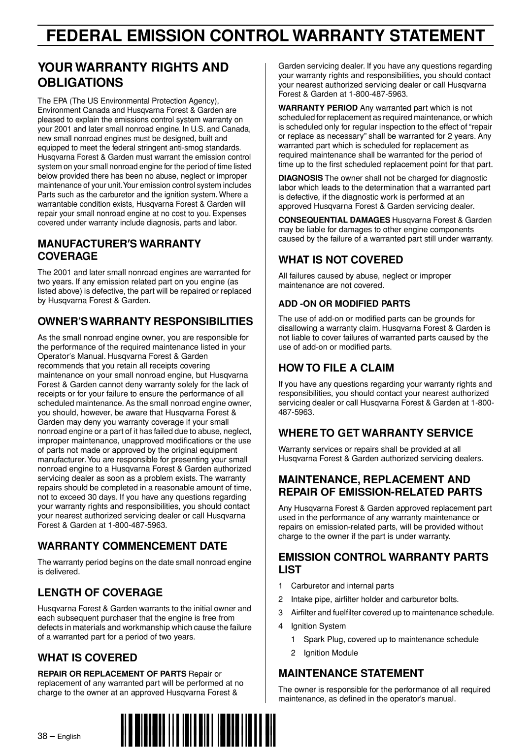 Husqvarna 336 manual Federal Emission Control Warranty Statement, Your Warranty Rights And Obligations, Length Of Coverage 