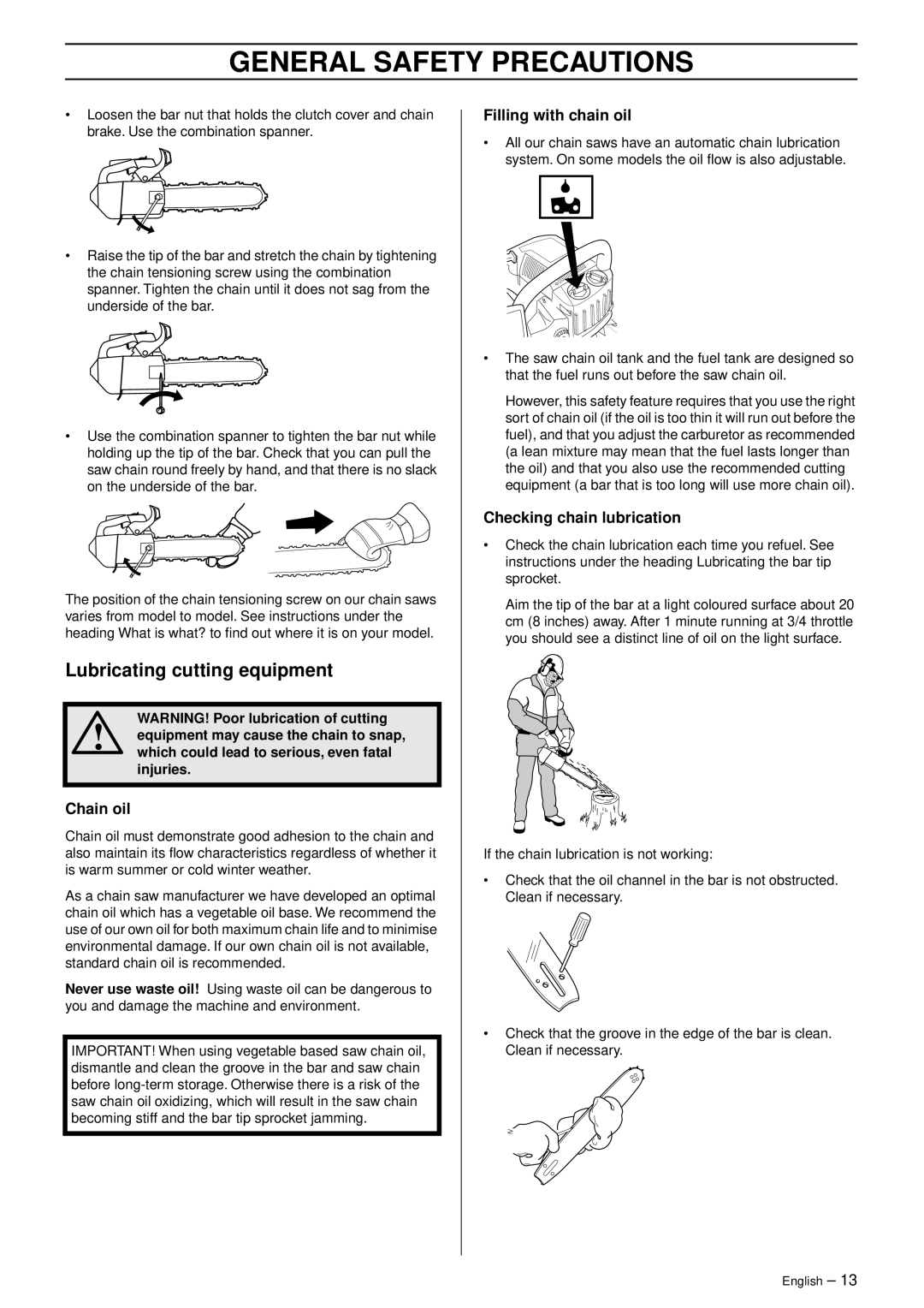 Husqvarna 1151439-95 manual Lubricating cutting equipment, Chain oil, Filling with chain oil, Checking chain lubrication 