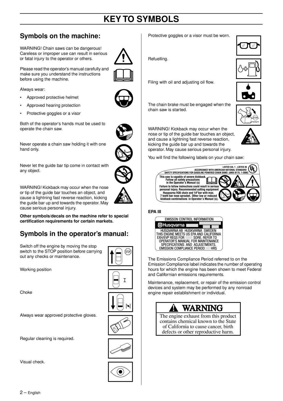 Husqvarna 338 XPT California, 1151439-95 Key To Symbols, Symbols on the machine, Symbols in the operator’s manual 