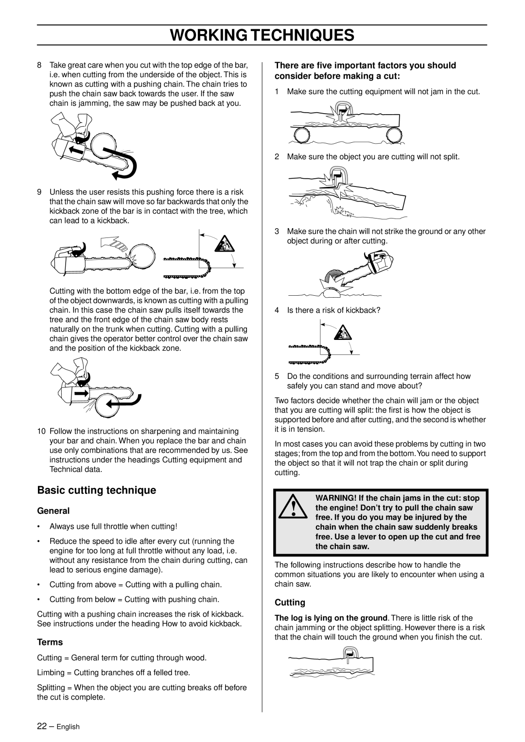 Husqvarna 338 XPT California, 1151439-95 manual Basic cutting technique, General, Terms, Cutting, Working Techniques 