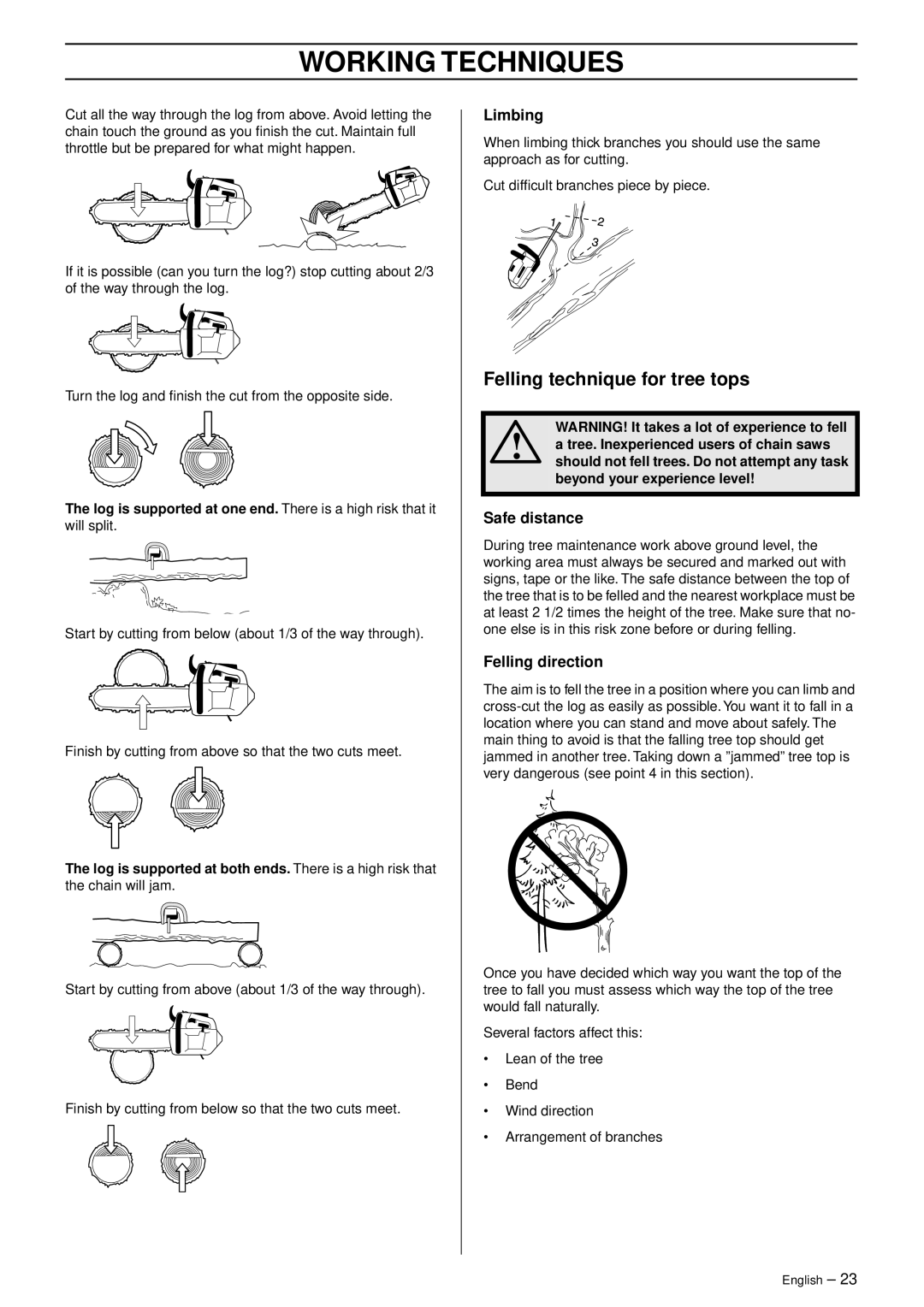 Husqvarna 1151439-95 manual Felling technique for tree tops, Limbing, Safe distance, Felling direction, Working Techniques 