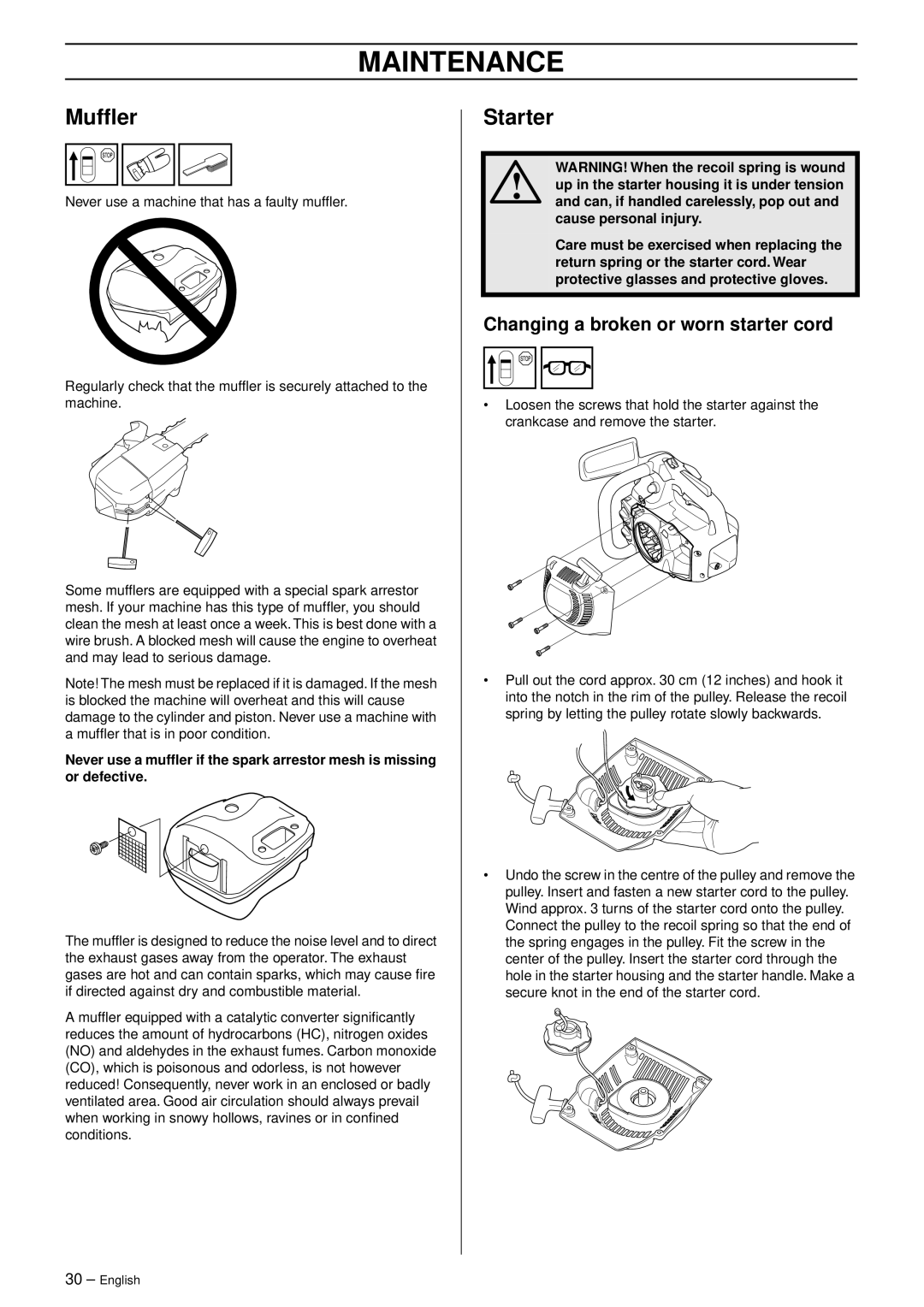 Husqvarna 338 XPT California, 1151439-95 manual Mufﬂer, Starter, Changing a broken or worn starter cord, Maintenance 