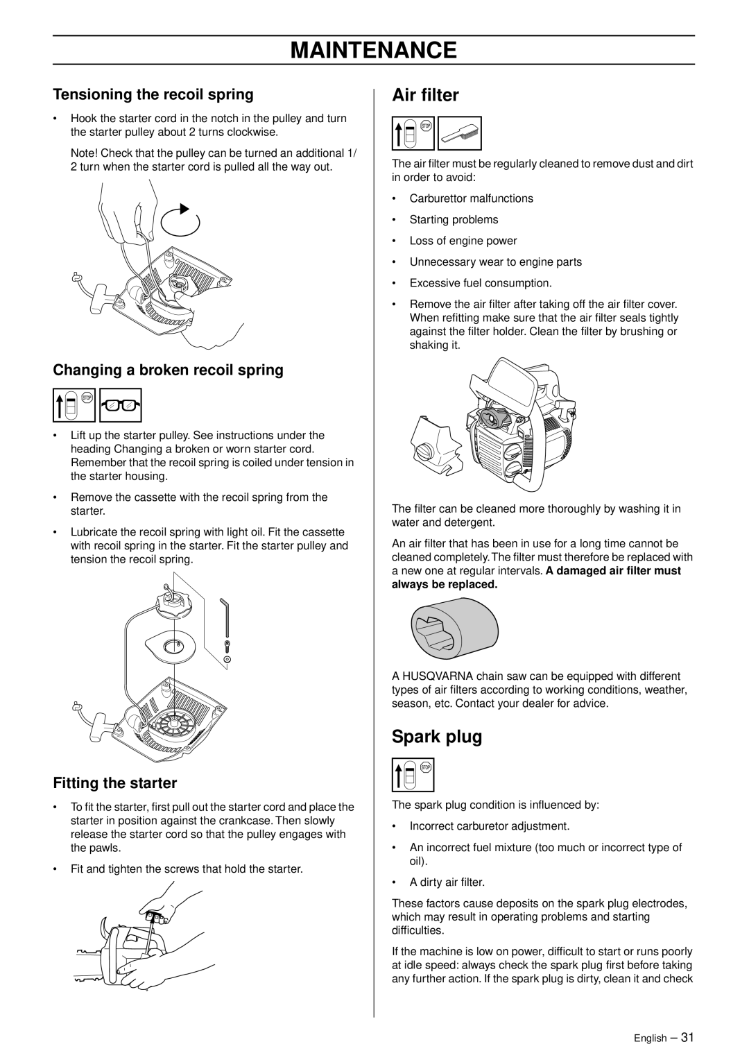 Husqvarna 1151439-95 Air ﬁlter, Spark plug, Tensioning the recoil spring, Changing a broken recoil spring, Maintenance 