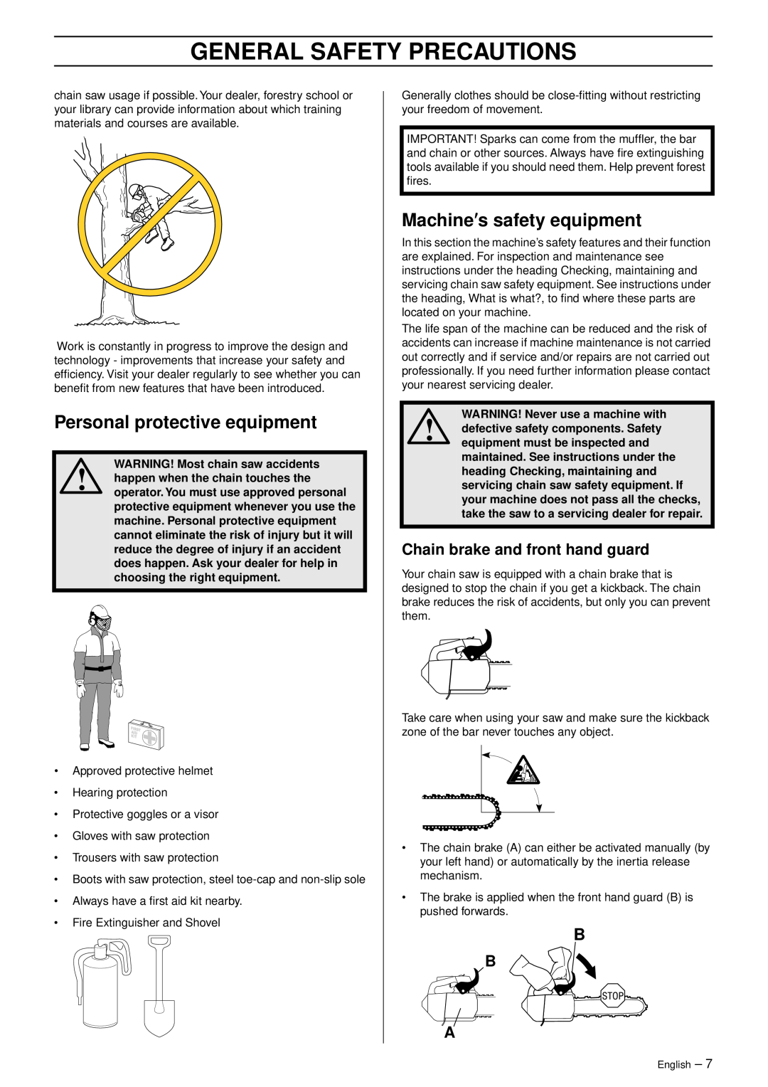 Husqvarna 1151439-95 manual Personal protective equipment, Machine′s safety equipment, Chain brake and front hand guard 