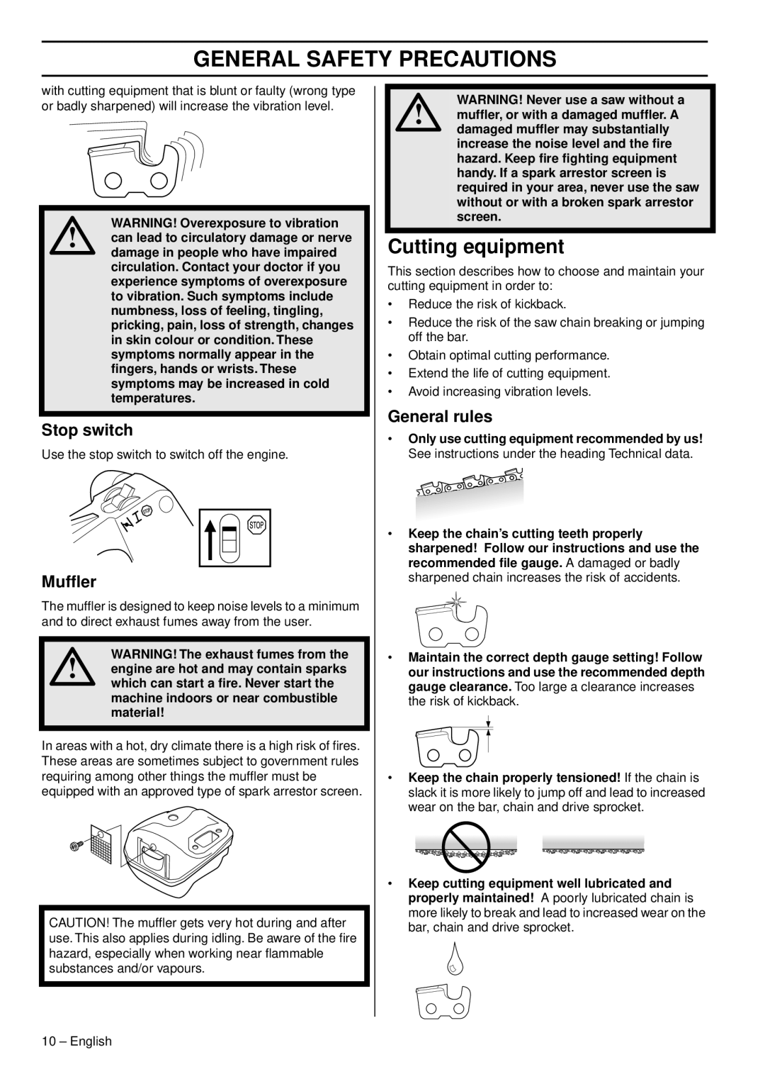 Husqvarna 338XPT EPA III, 1151375-95 manual Cutting equipment, Stop switch, Mufﬂer, General rules 