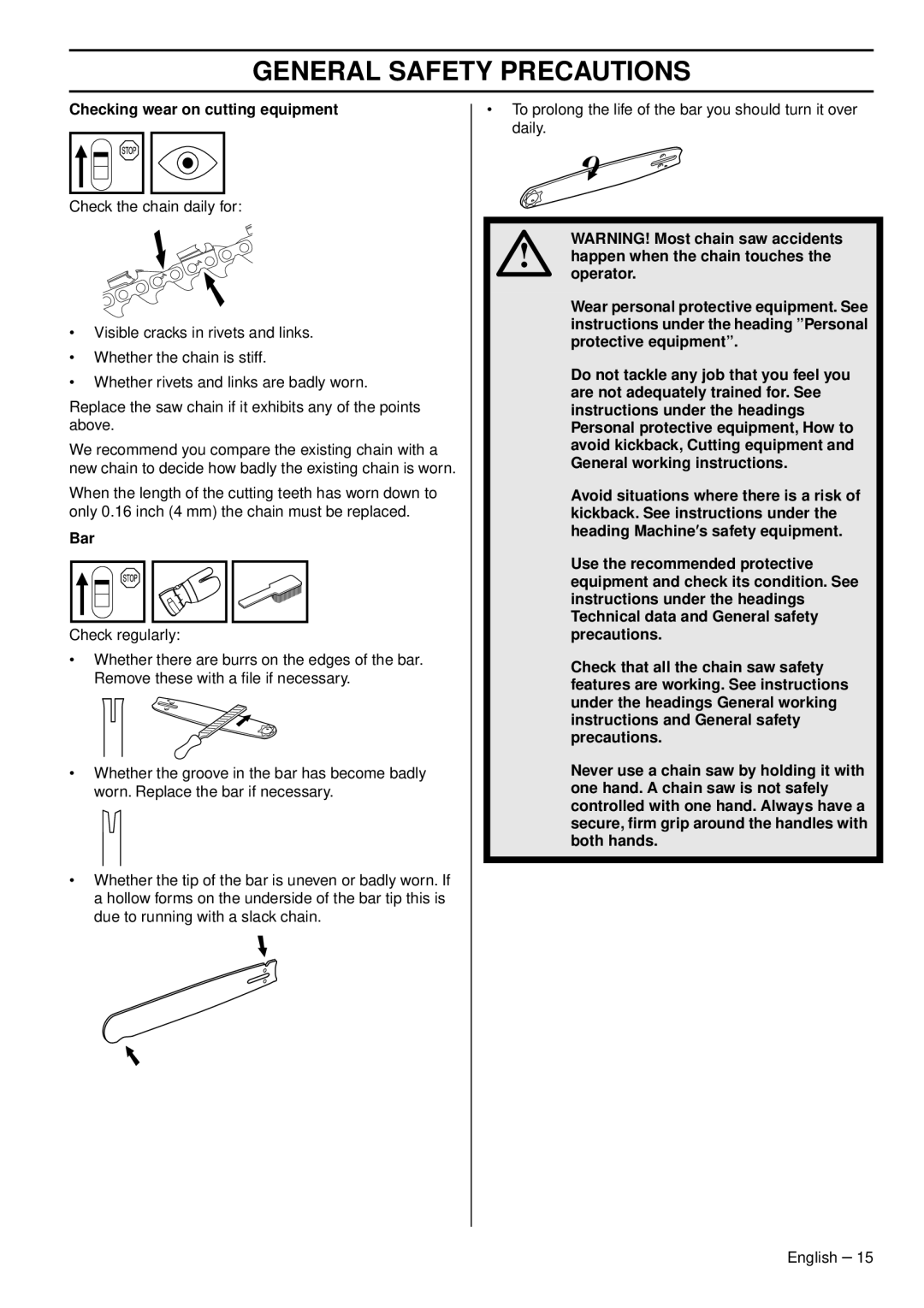 Husqvarna 1151375-95, 338XPT EPA III manual Checking wear on cutting equipment, Bar 