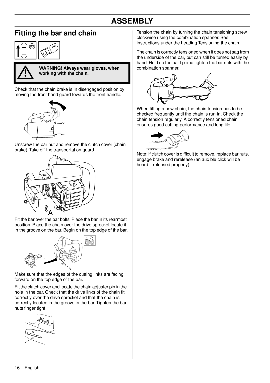 Husqvarna 338XPT EPA III, 1151375-95 manual Assembly, Fitting the bar and chain, Working with the chain 