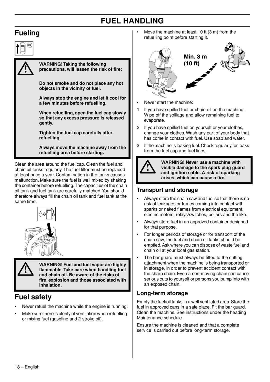 Husqvarna 338XPT EPA III, 1151375-95 manual Fueling, Fuel safety, Transport and storage, Long-term storage 