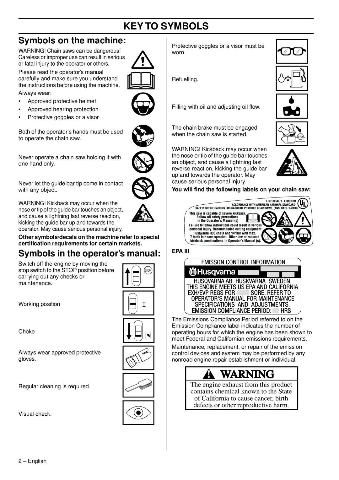 Husqvarna 338XPT EPA III, 1151375-95 KEY to Symbols, Symbols on the machine, Symbols in the operator’s manual 