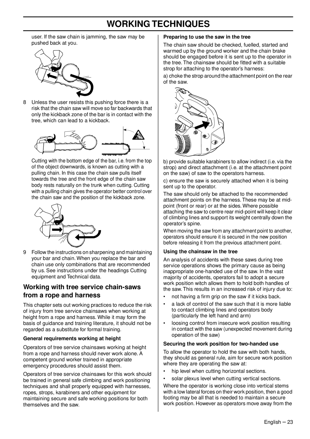 Husqvarna 1151375-95, 338XPT EPA III manual General requirements working at height, Preparing to use the saw in the tree 