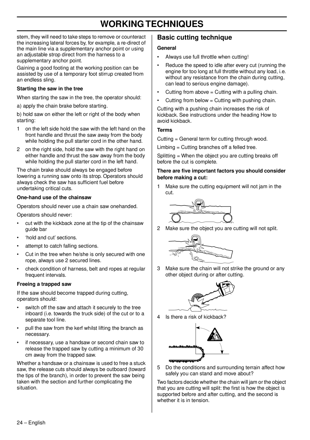 Husqvarna 338XPT EPA III, 1151375-95 manual Basic cutting technique 