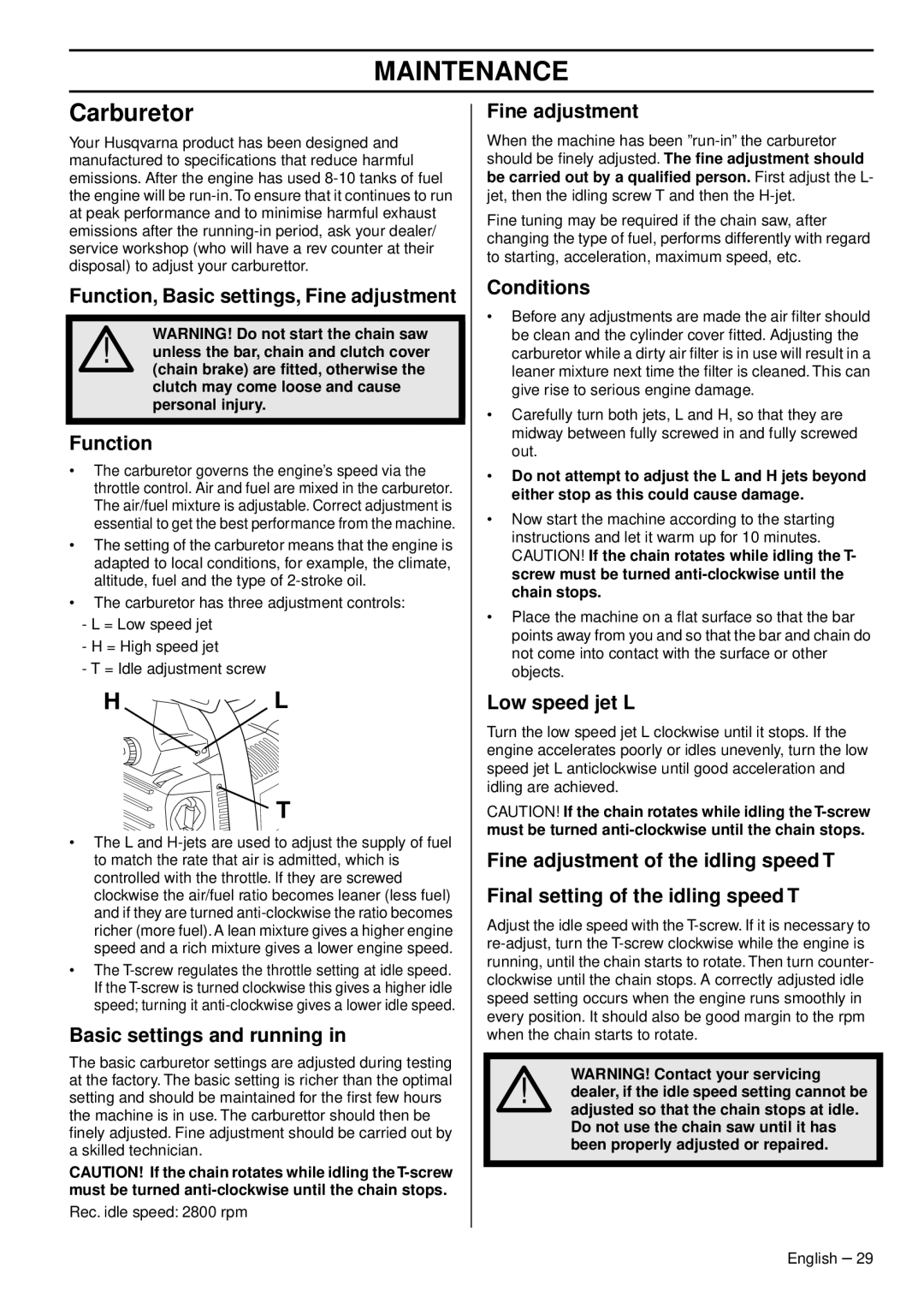 Husqvarna 1151375-95, 338XPT EPA III manual Maintenance, Carburetor 